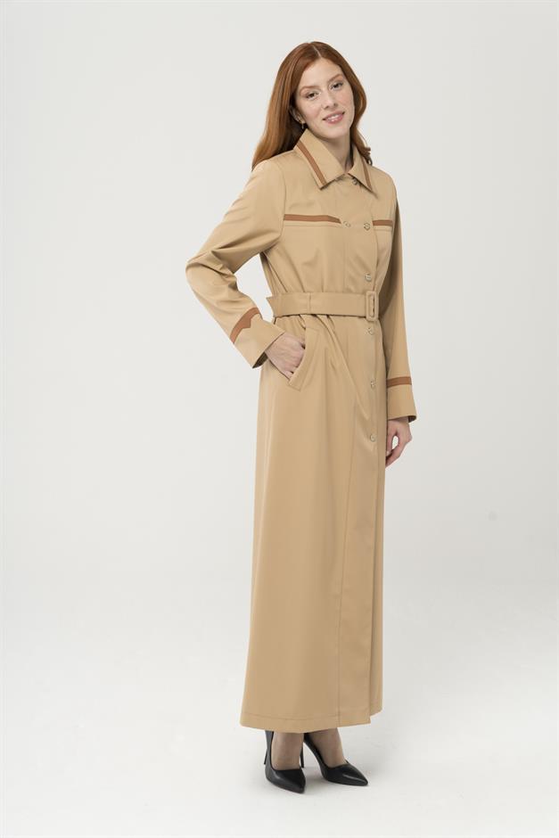 Gömlek Yaka Garni Detaylı Kruvaze Uzun Trençkot Pardesü KAMEL 4288