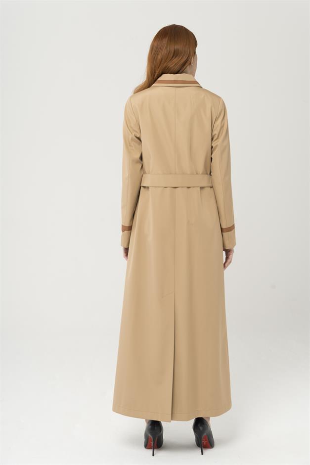 Gömlek Yaka Garni Detaylı Kruvaze Uzun Trençkot Pardesü KAMEL 4288