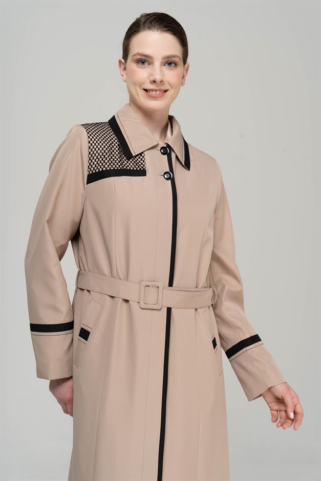 Shirt Collar Garni and Mesh Detail Plus Size Lined Long Trench Coat VIZON 4296