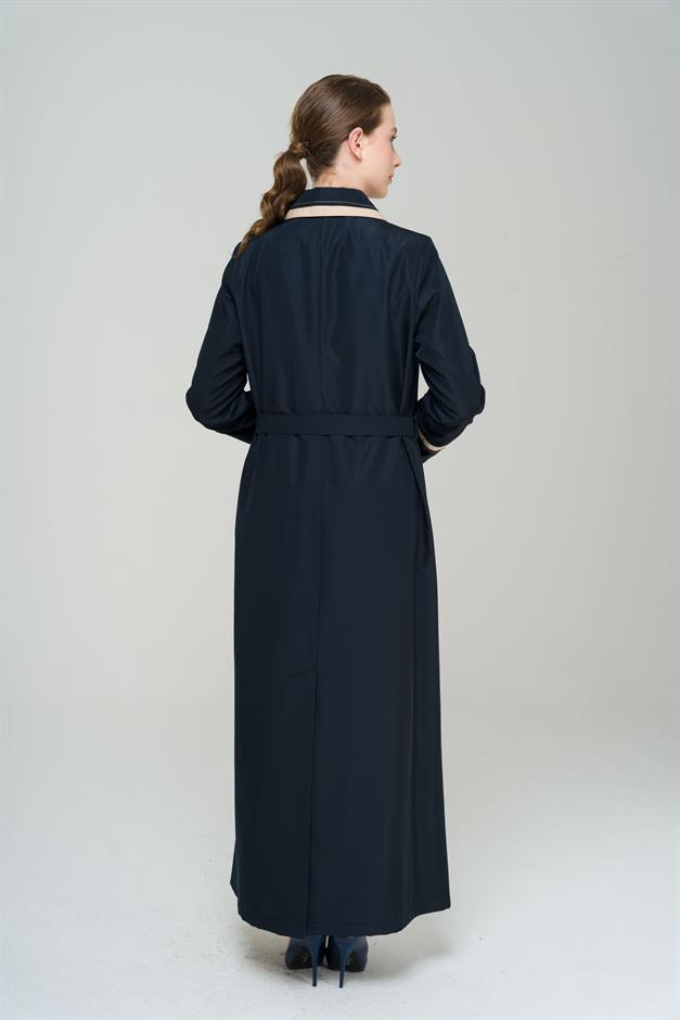 Gömlek Yaka Garni ve File Detaylı Büyük Beden Astarlı Uzun Trençkot LACİVERT 4296