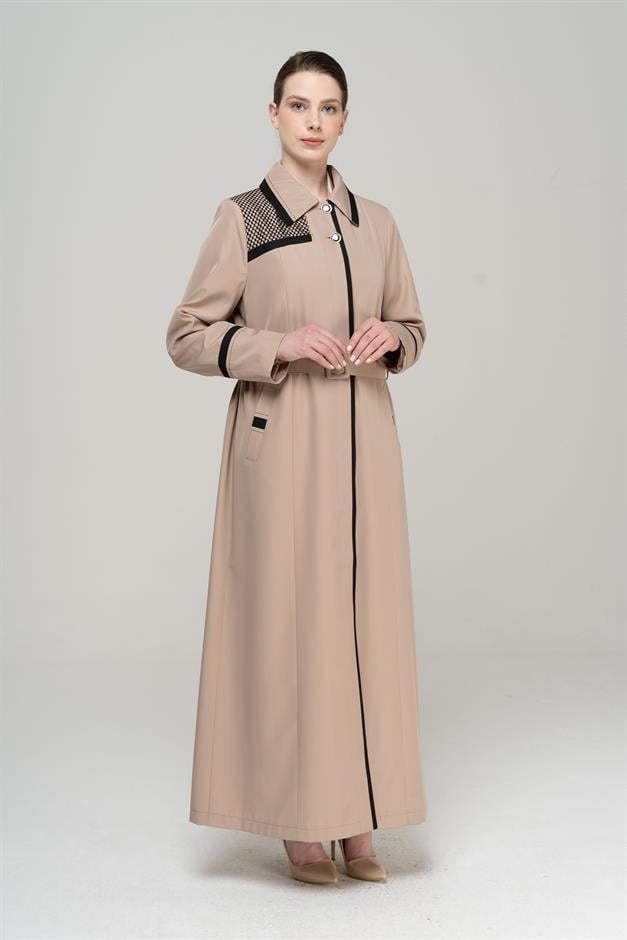 Shirt Collar Garni and Mesh Detail Plus Size Lined Long Trench Coat VIZON 4296