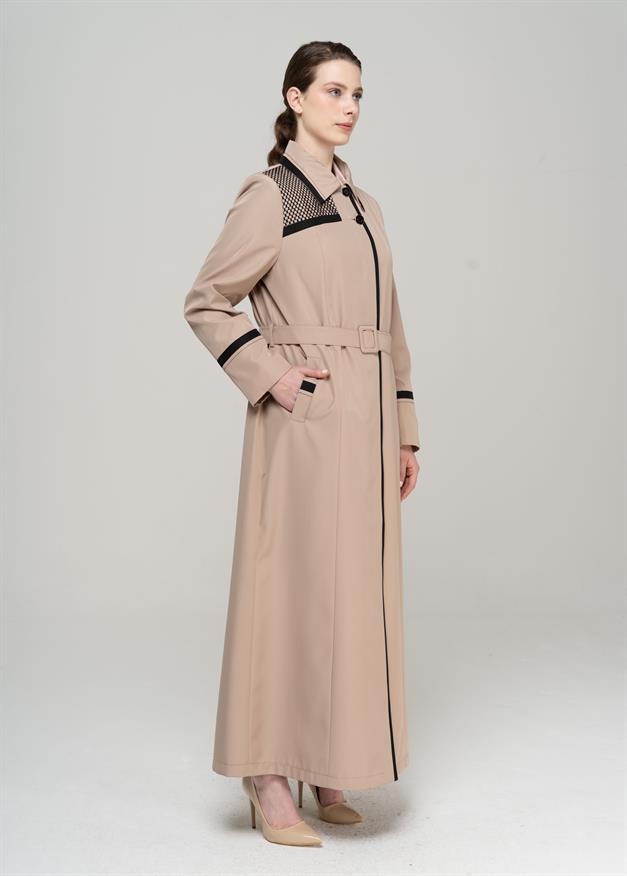 Shirt Collar Garni and Mesh Detail Plus Size Lined Long Trench Coat VIZON 4296
