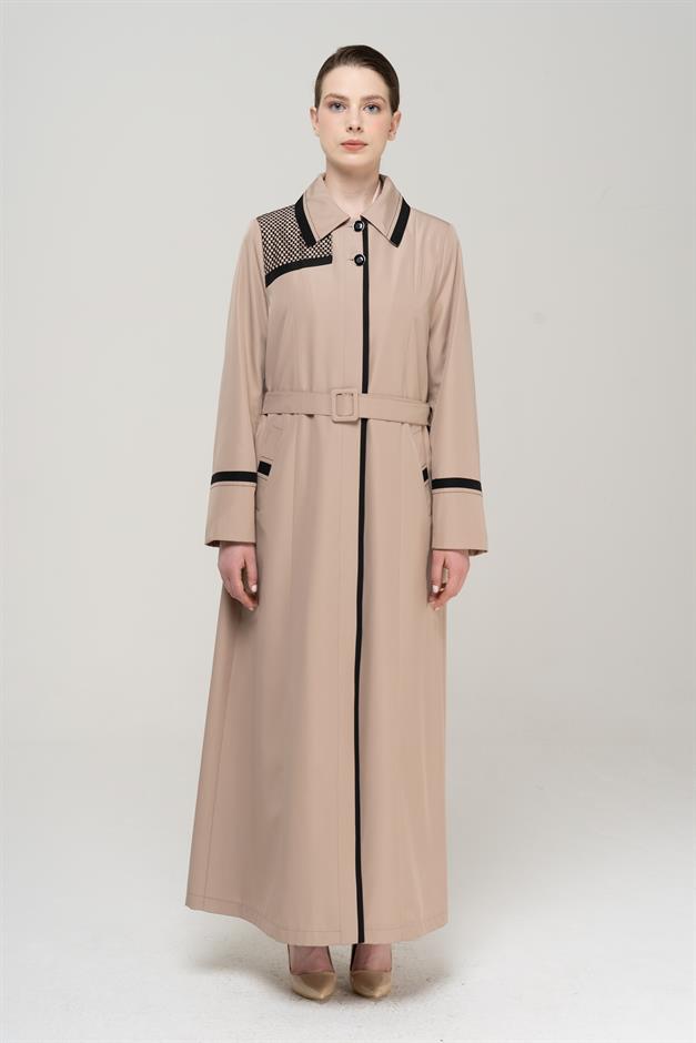 Shirt Collar Garni and Mesh Detail Plus Size Lined Long Trench Coat VIZON 4296