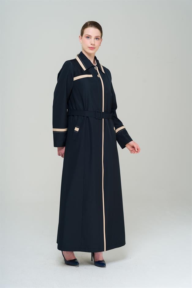 Gömlek Yaka Garni ve File Detaylı Büyük Beden Astarlı Uzun Trençkot LACİVERT 4296