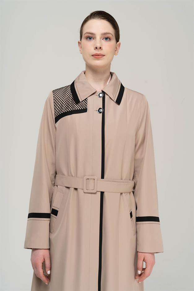 Shirt Collar Garni and Mesh Detail Plus Size Lined Long Trench Coat VIZON 4296