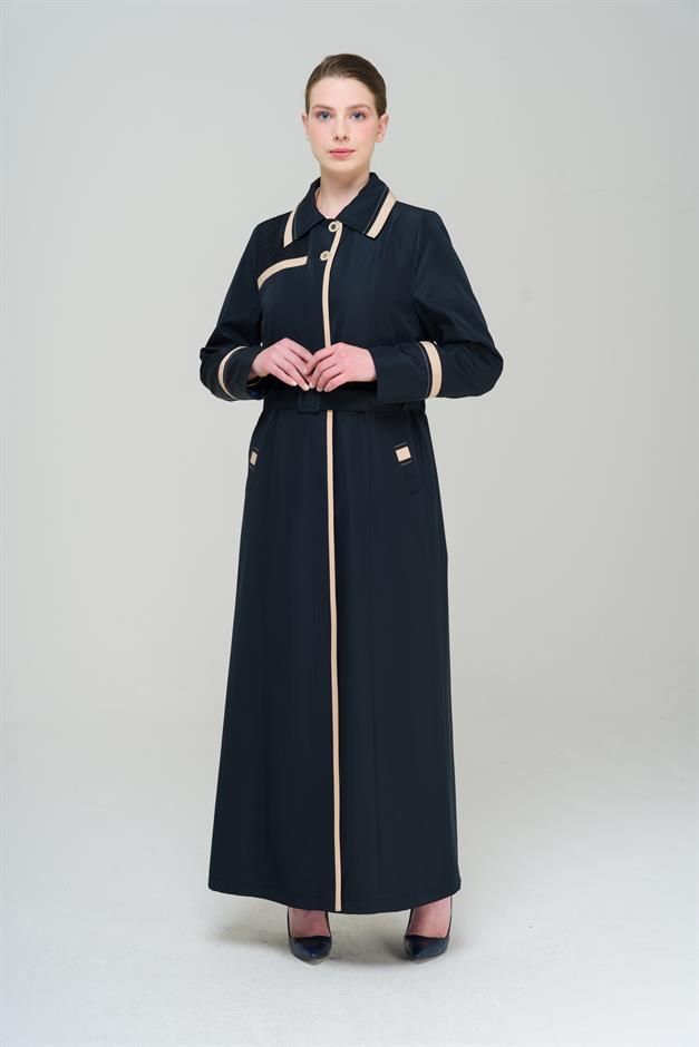 Gömlek Yaka Garni ve File Detaylı Büyük Beden Astarlı Uzun Trençkot LACİVERT 4296