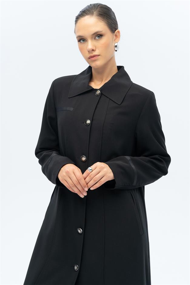 Gömlek Yaka Grogren Detaylı Astarlı Büyük Beden Pardesü SİYAH 6690-A