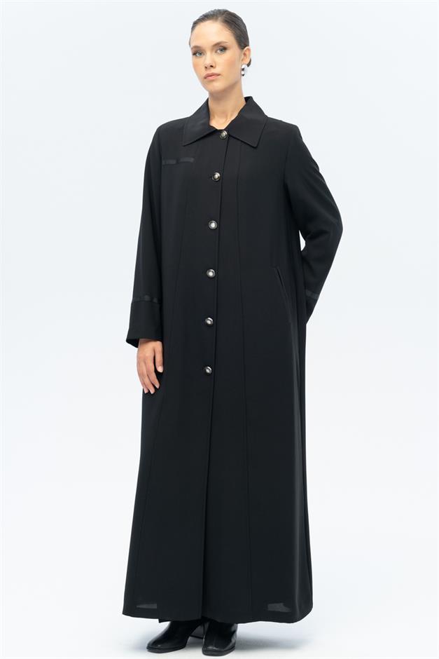 Gömlek Yaka Grogren Detaylı Astarlı Büyük Beden Pardesü SİYAH 6690-A