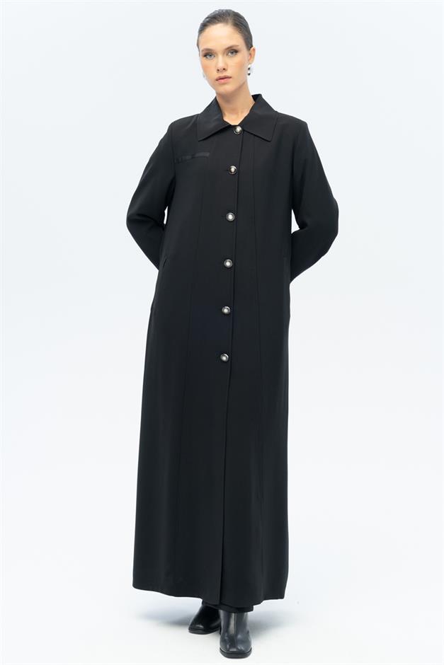 Gömlek Yaka Grogren Detaylı Astarlı Büyük Beden Pardesü SİYAH 6690-A
