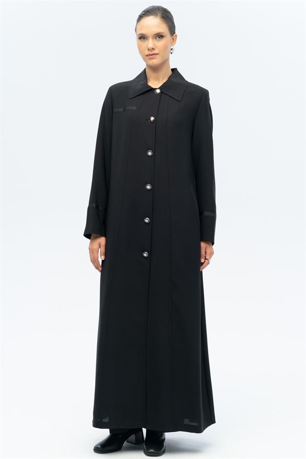 Gömlek Yaka Grogren Detaylı Astarlı Büyük Beden Pardesü SİYAH 6690-A