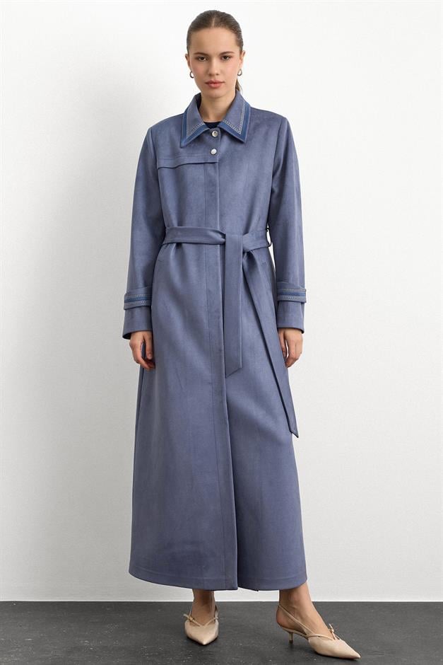 Gömlek Yaka İşleme Detaylı Süet Görünümlü Büyük Beden Pardesü MAVİ 6785