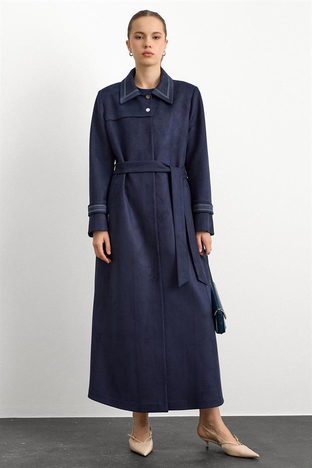 Gömlek Yaka İşleme Detaylı Süet Görünümlü Büyük Beden Pardesü LACİVERT 6785