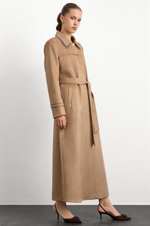 Gömlek Yaka İşleme Detaylı Süet Görünümlü Büyük Beden Pardesü A.KAMEL 6785