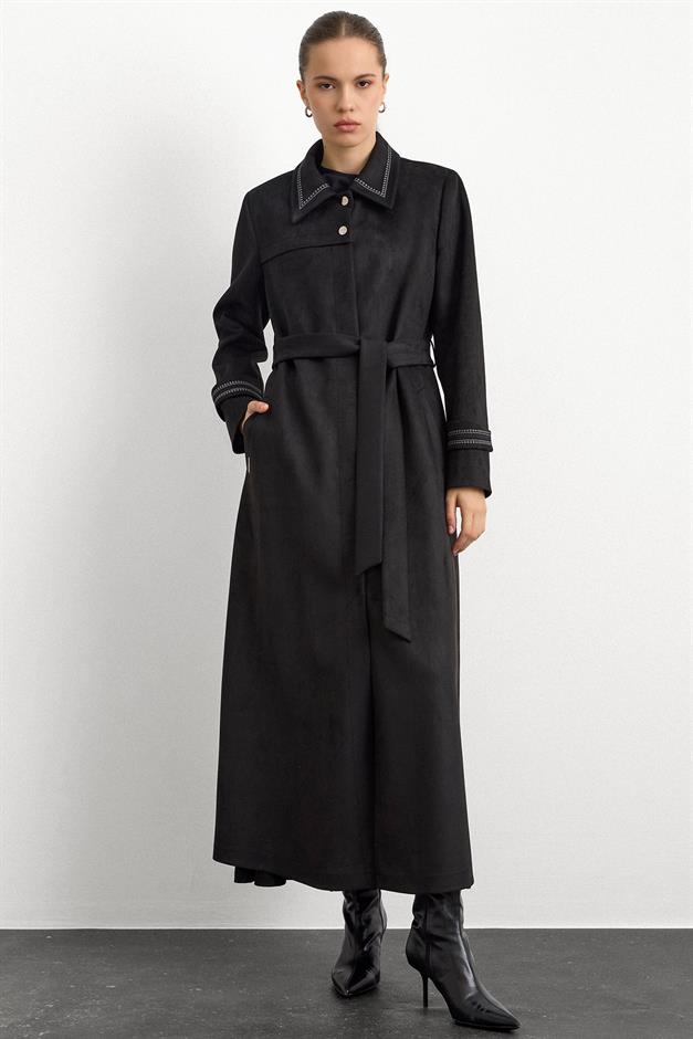 Gömlek Yaka İşleme Detaylı Süet Görünümlü Büyük Beden Pardesü SİYAH 6785