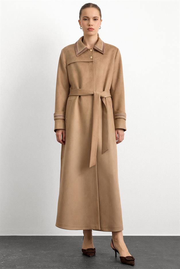 Gömlek Yaka İşleme Detaylı Süet Görünümlü Büyük Beden Pardesü A.KAMEL 6785