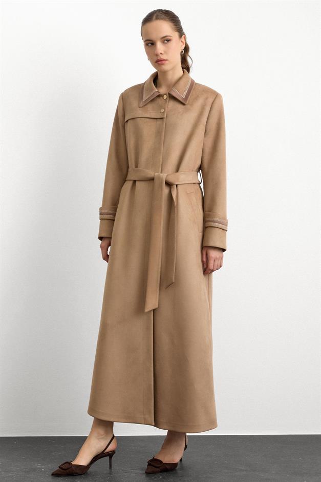 Gömlek Yaka İşleme Detaylı Süet Görünümlü Büyük Beden Pardesü A.KAMEL 6785