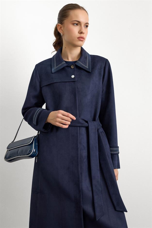 Gömlek Yaka İşleme Detaylı Süet Görünümlü Büyük Beden Pardesü LACİVERT 6785