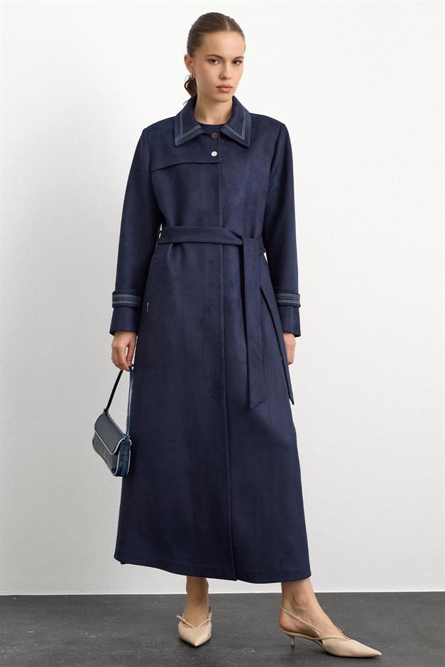 Gömlek Yaka İşleme Detaylı Süet Görünümlü Büyük Beden Pardesü LACİVERT 6785