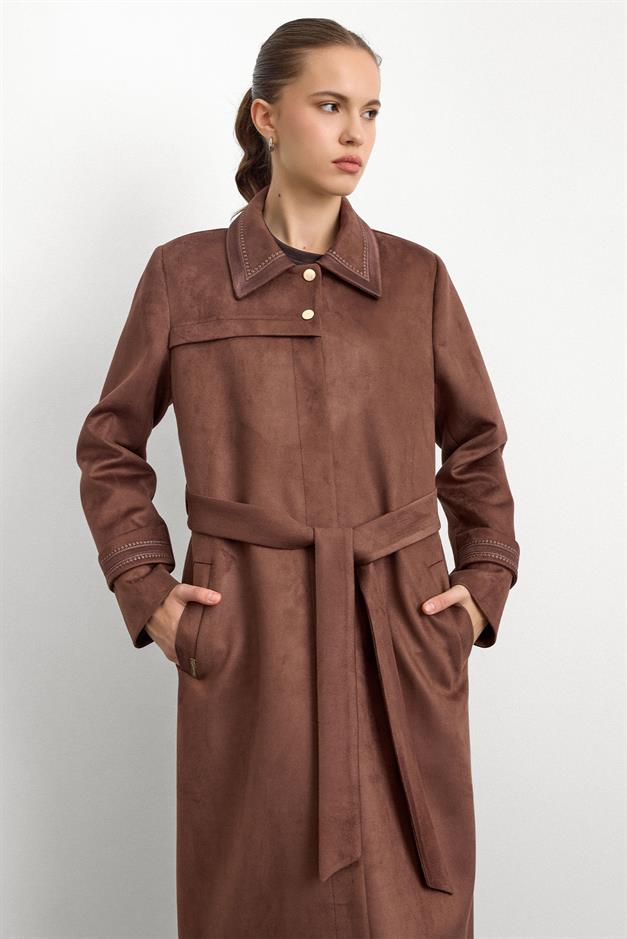 Gömlek Yaka İşleme Detaylı Süet Görünümlü Büyük Beden Pardesü KAHVE 6785