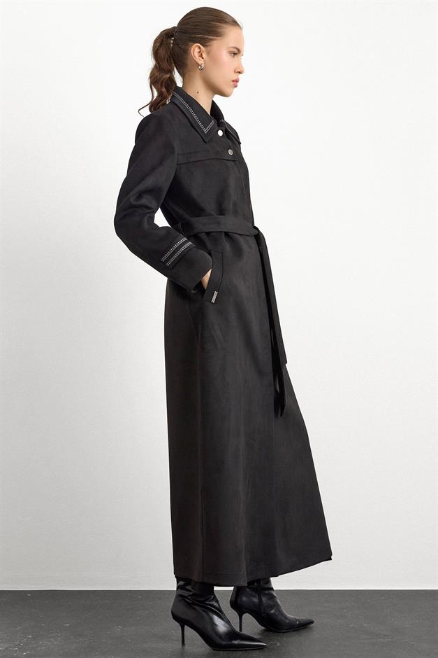 Gömlek Yaka İşleme Detaylı Süet Görünümlü Büyük Beden Pardesü SİYAH 6785