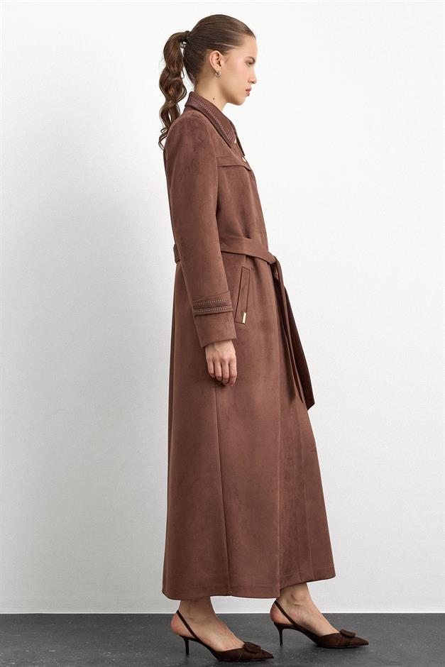 Gömlek Yaka İşleme Detaylı Süet Görünümlü Büyük Beden Pardesü KAHVE 6785
