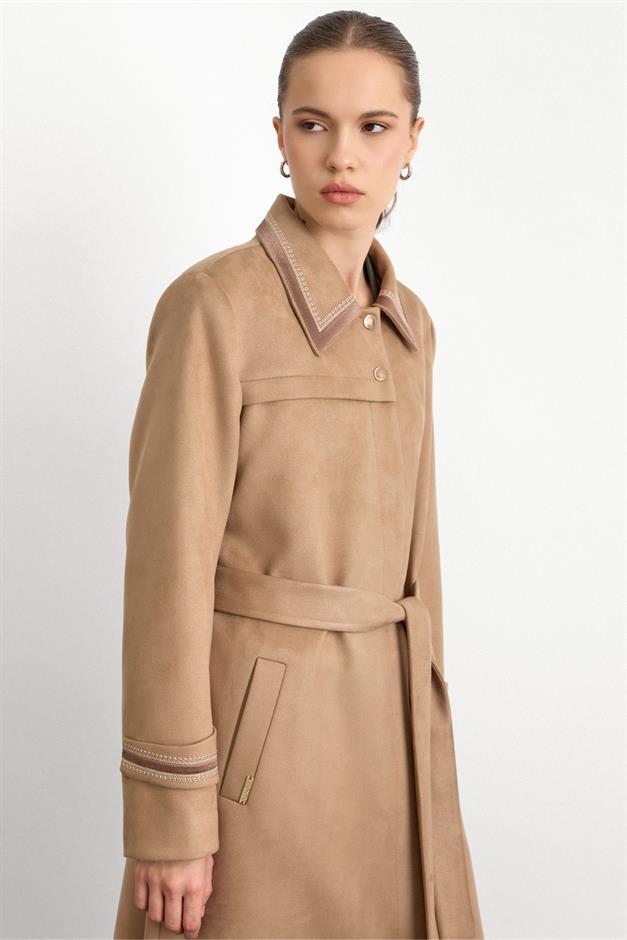 Gömlek Yaka İşleme Detaylı Süet Görünümlü Büyük Beden Pardesü A.KAMEL 6785