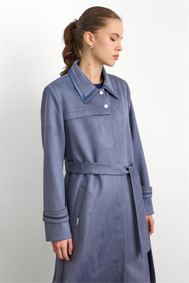 Gömlek Yaka İşleme Detaylı Süet Görünümlü Büyük Beden Pardesü MAVİ 6785