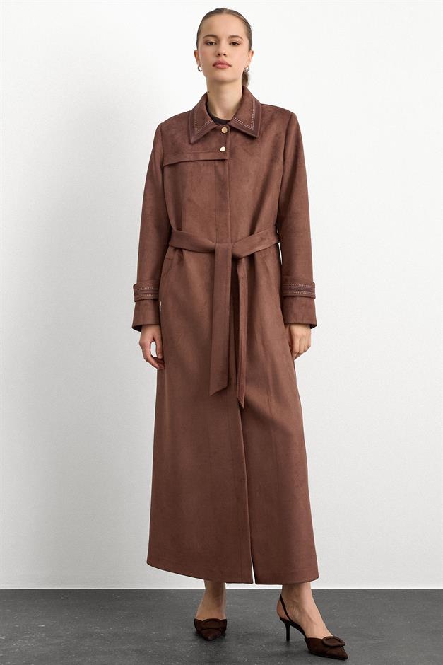 Gömlek Yaka İşleme Detaylı Süet Görünümlü Büyük Beden Pardesü KAHVE 6785