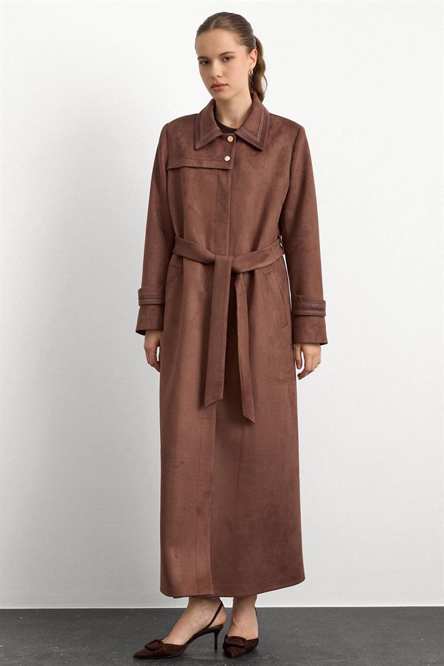 Gömlek Yaka İşleme Detaylı Süet Görünümlü Büyük Beden Pardesü KAHVE 6785