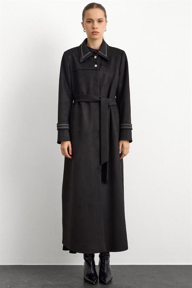 Gömlek Yaka İşleme Detaylı Süet Görünümlü Büyük Beden Pardesü SİYAH 6785