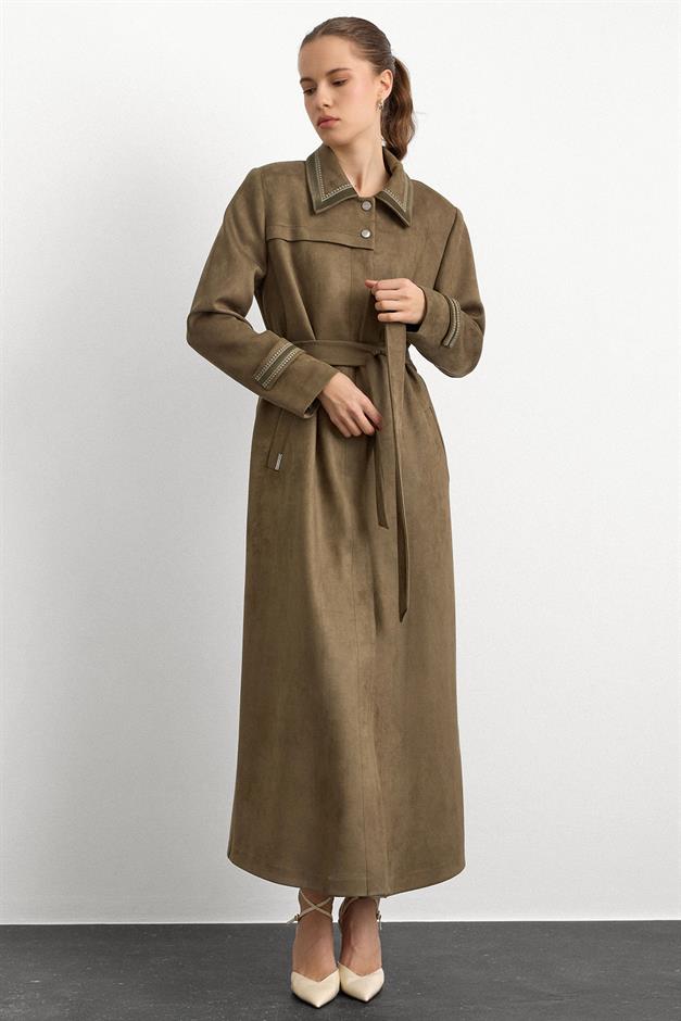 Gömlek Yaka İşleme Detaylı Süet Görünümlü Büyük Beden Pardesü A.HAKİ 6785