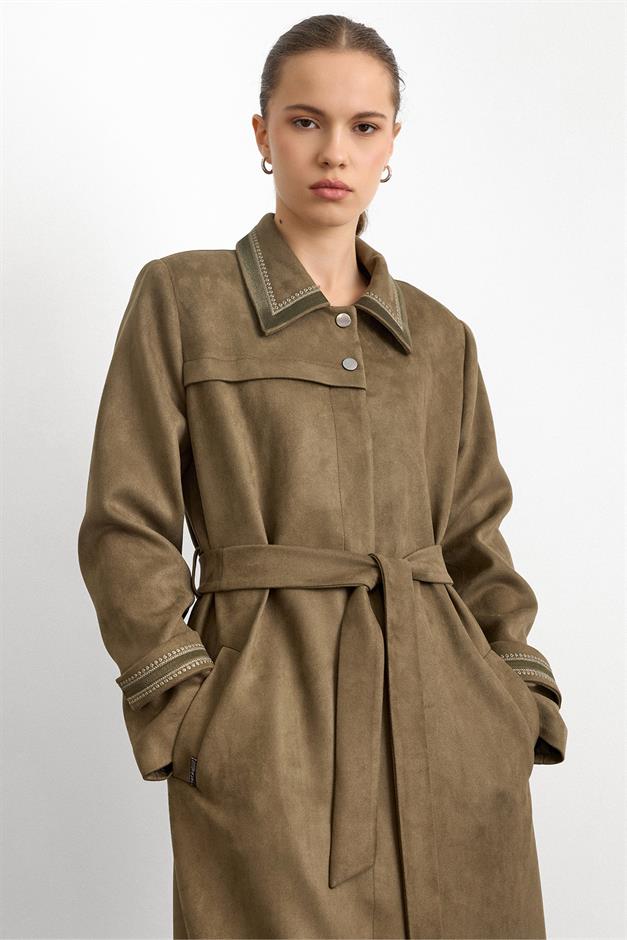 Gömlek Yaka İşleme Detaylı Süet Görünümlü Büyük Beden Pardesü A.HAKİ 6785