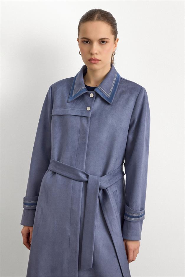 Gömlek Yaka İşleme Detaylı Süet Görünümlü Büyük Beden Pardesü MAVİ 6785