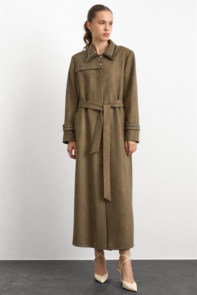 Gömlek Yaka İşleme Detaylı Süet Görünümlü Büyük Beden Pardesü A.HAKİ 6785