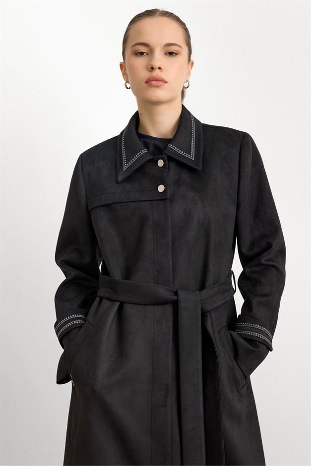 Gömlek Yaka İşleme Detaylı Süet Görünümlü Büyük Beden Pardesü SİYAH 6785