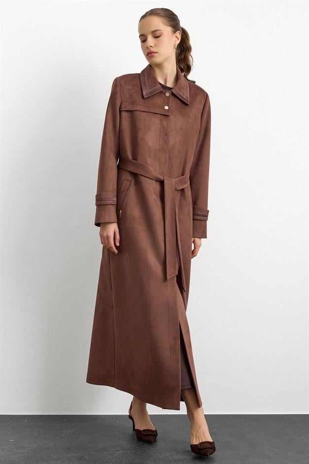 Gömlek Yaka İşleme Detaylı Süet Görünümlü Büyük Beden Pardesü KAHVE 6785