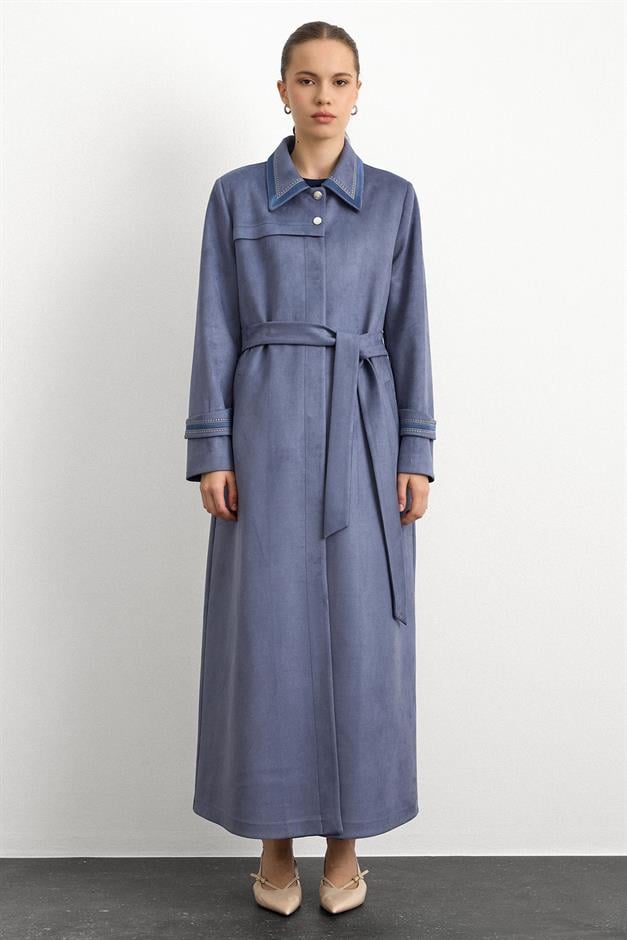 Gömlek Yaka İşleme Detaylı Süet Görünümlü Büyük Beden Pardesü MAVİ 6785