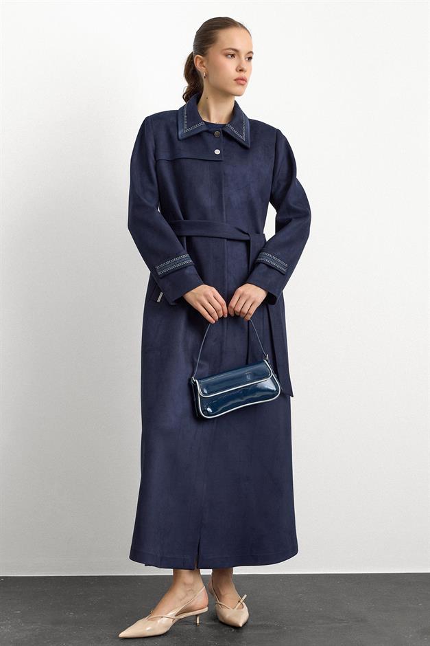 Gömlek Yaka İşleme Detaylı Süet Görünümlü Büyük Beden Pardesü LACİVERT 6785