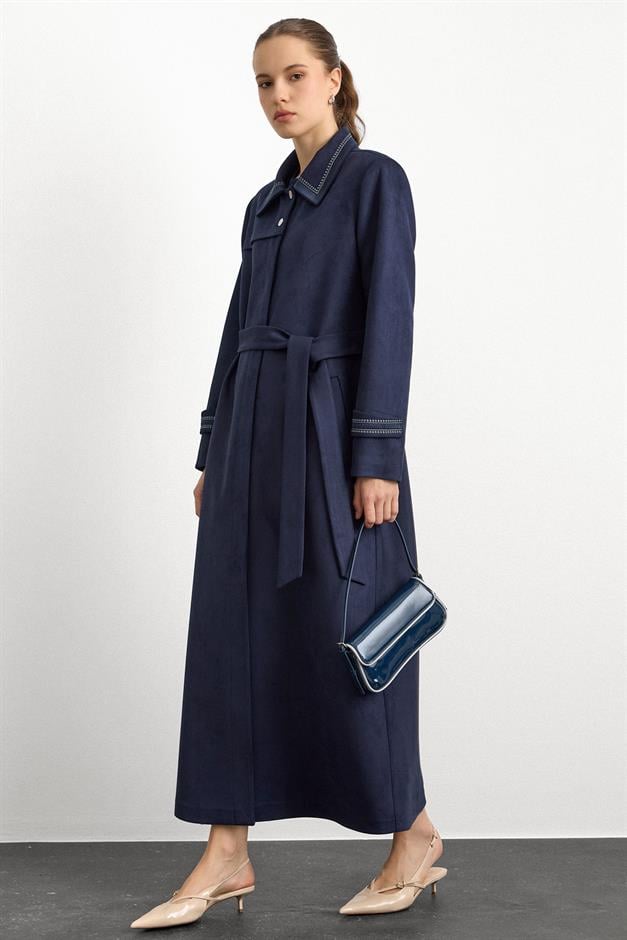 Gömlek Yaka İşleme Detaylı Süet Görünümlü Büyük Beden Pardesü LACİVERT 6785