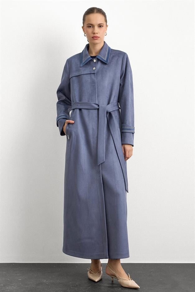 Gömlek Yaka İşleme Detaylı Süet Görünümlü Büyük Beden Pardesü MAVİ 6785