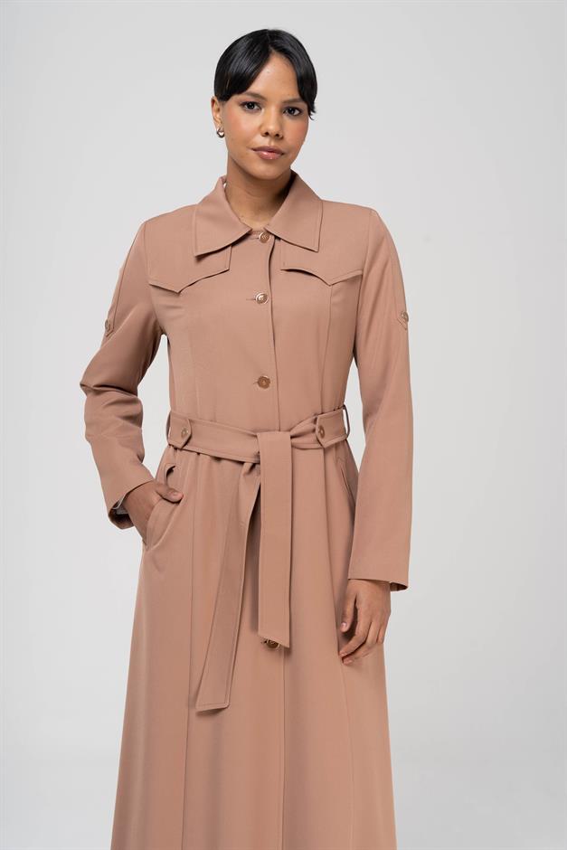 Gömlek Yaka Kemer Detaylı Astarlı Pardesü KAMEL 6555