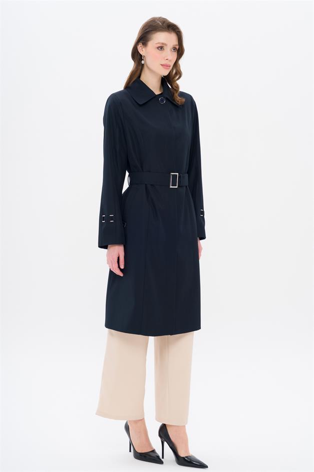 Shirt Collar Belt Detailed Plus Size Trench Coat NAVY 4302