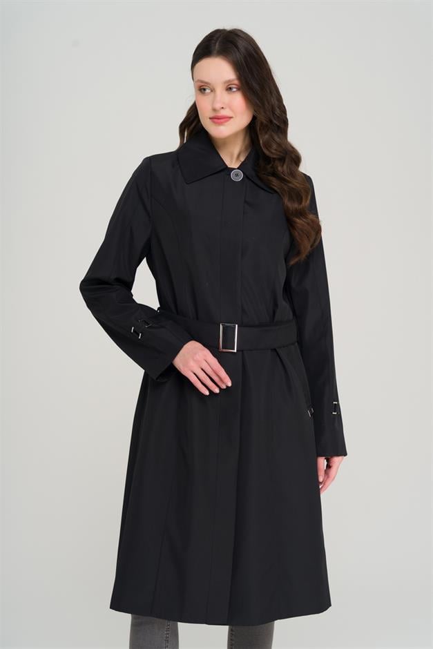 Shirt Collar Belt Detailed Plus Size Trench Coat BLACK 4302