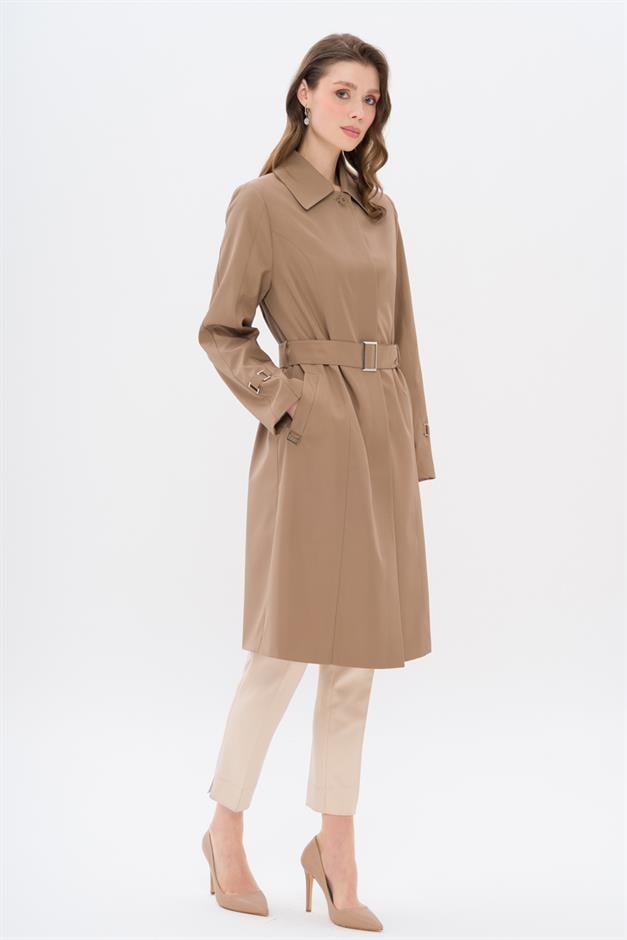 Shirt Collar Belt Detailed Plus Size Trench Coat VIZON 4302