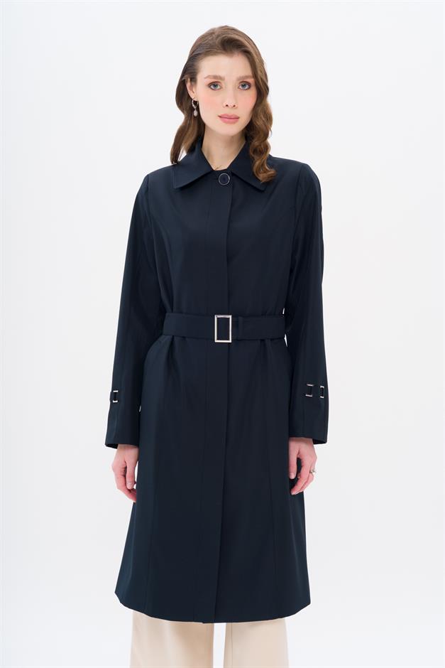 Shirt Collar Belt Detailed Plus Size Trench Coat NAVY 4302