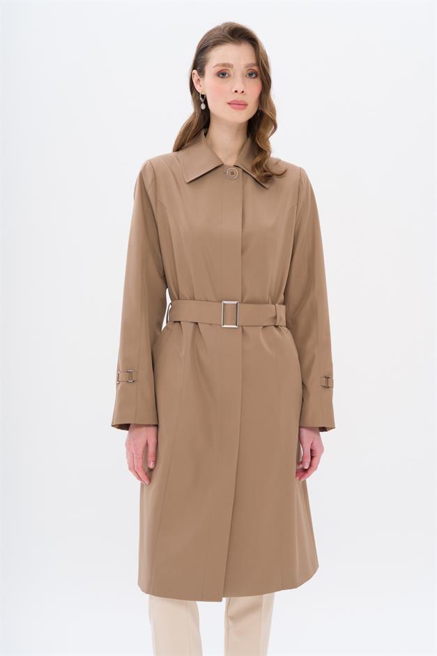 Shirt Collar Belt Detailed Plus Size Trench Coat VIZON 4302