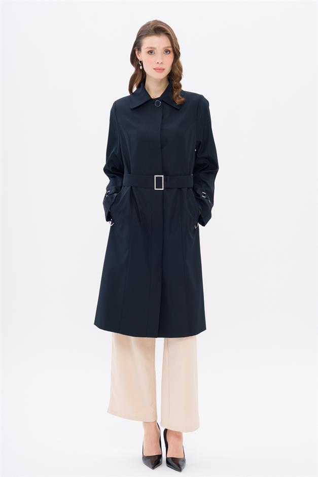 Shirt Collar Belt Detailed Plus Size Trench Coat NAVY 4302