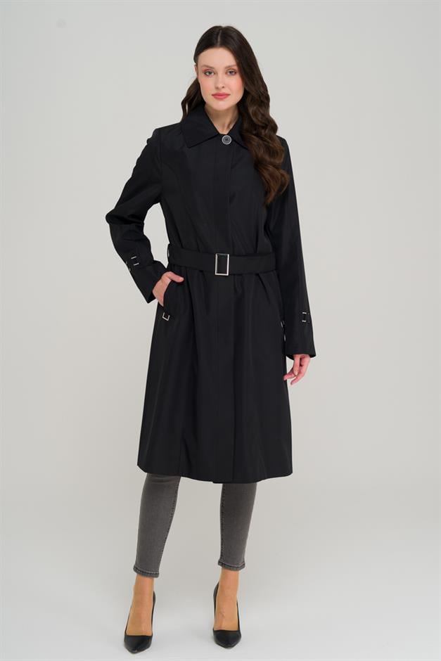 Shirt Collar Belt Detailed Plus Size Trench Coat BLACK 4302