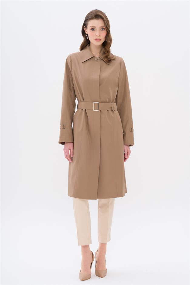 Shirt Collar Belt Detailed Plus Size Trench Coat VIZON 4302
