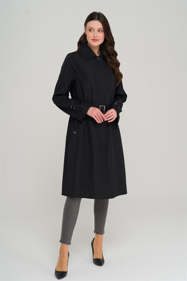 Shirt Collar Belt Detailed Plus Size Trench Coat BLACK 4302